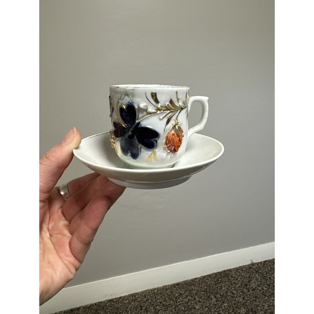 Antique Hand Painted German Demitasse Cup & Saucer Cobalt Blue Gold Gilt